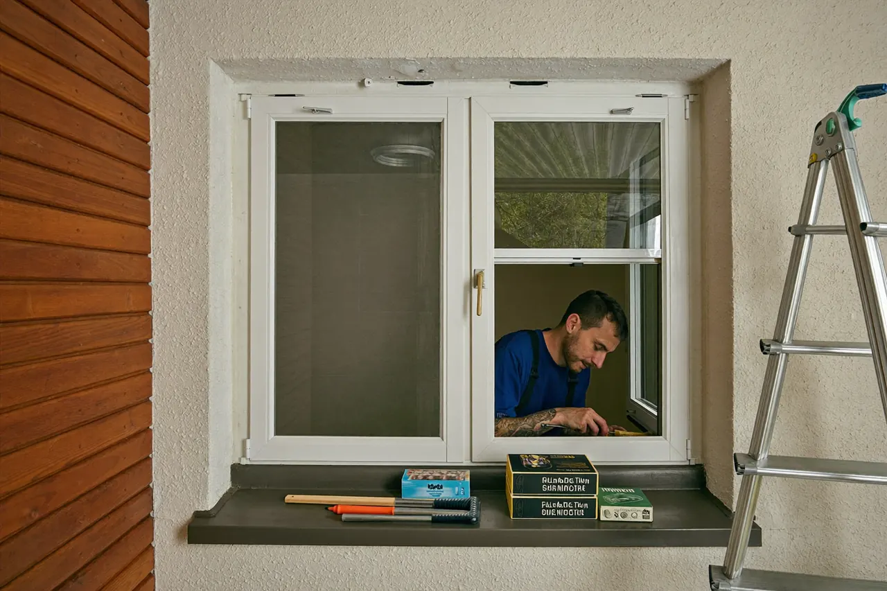 Installer fitting a new window frame in a home