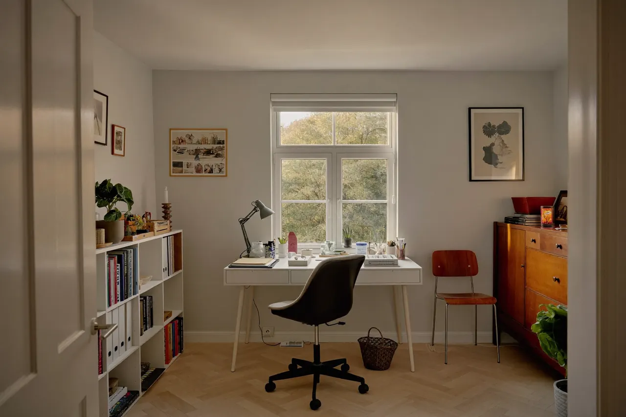 Quiet home office beside a large glazed window