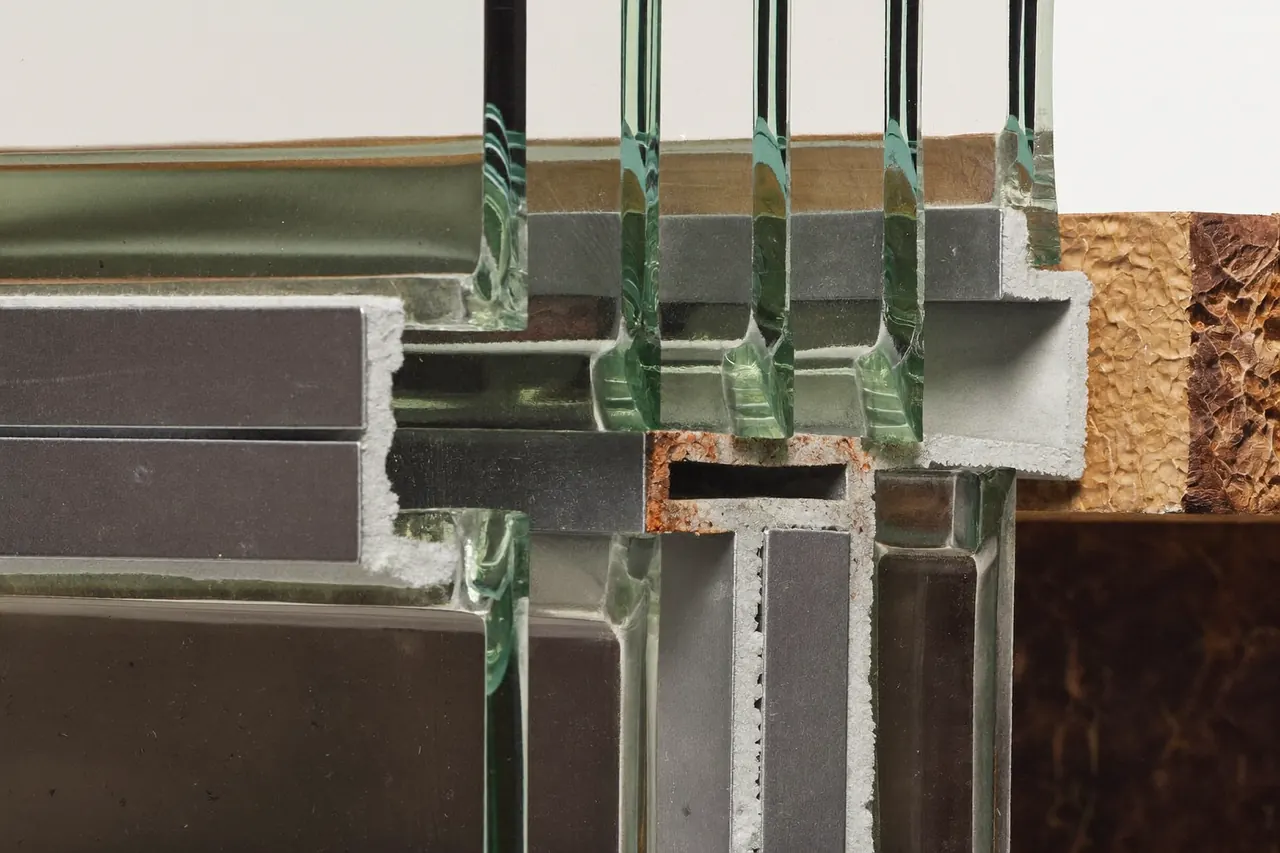 Cross-section of a triple glazing unit showing spacer bars